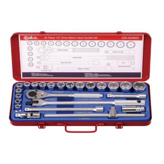 GENIUS ALTIKÖŞE KROMAJLI LOKMA TAKIMI KISA 1/2" 24 PARÇA GS-424M3 GENIUS ALTIKÖŞE KROMAJLI LOKMA TAKIMI KISA 1/2" 24 PARÇA GS-424M3