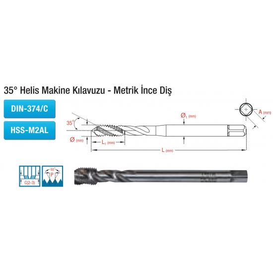 35° Helis Makine Kılavuzu - Metrik İnce Diş DIN-374/C HSS-M2AL 35° Helis Makine Kılavuzu - Metrik İnce Diş DIN-374/C HSS-M2AL