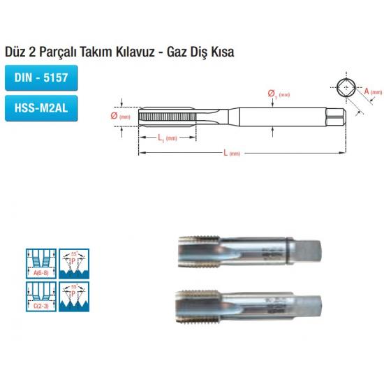 Düz 2 Parçalı Takım Kılavuz - Gaz Diş Kısa DIN - 5157 HSS-M2AL Düz 2 Parçalı Takım Kılavuz - Gaz Diş Kısa DIN - 5157 HSS-M2AL