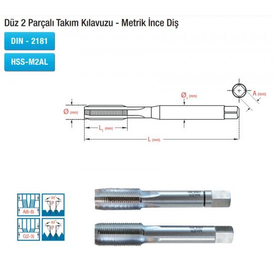 Düz 2 Parçalı Takım Kılavuzu - Metrik İnce Diş DIN - 2181 HSS-M2AL Düz 2 Parçalı Takım Kılavuzu - Metrik İnce Diş DIN - 2181 HSS-M2AL